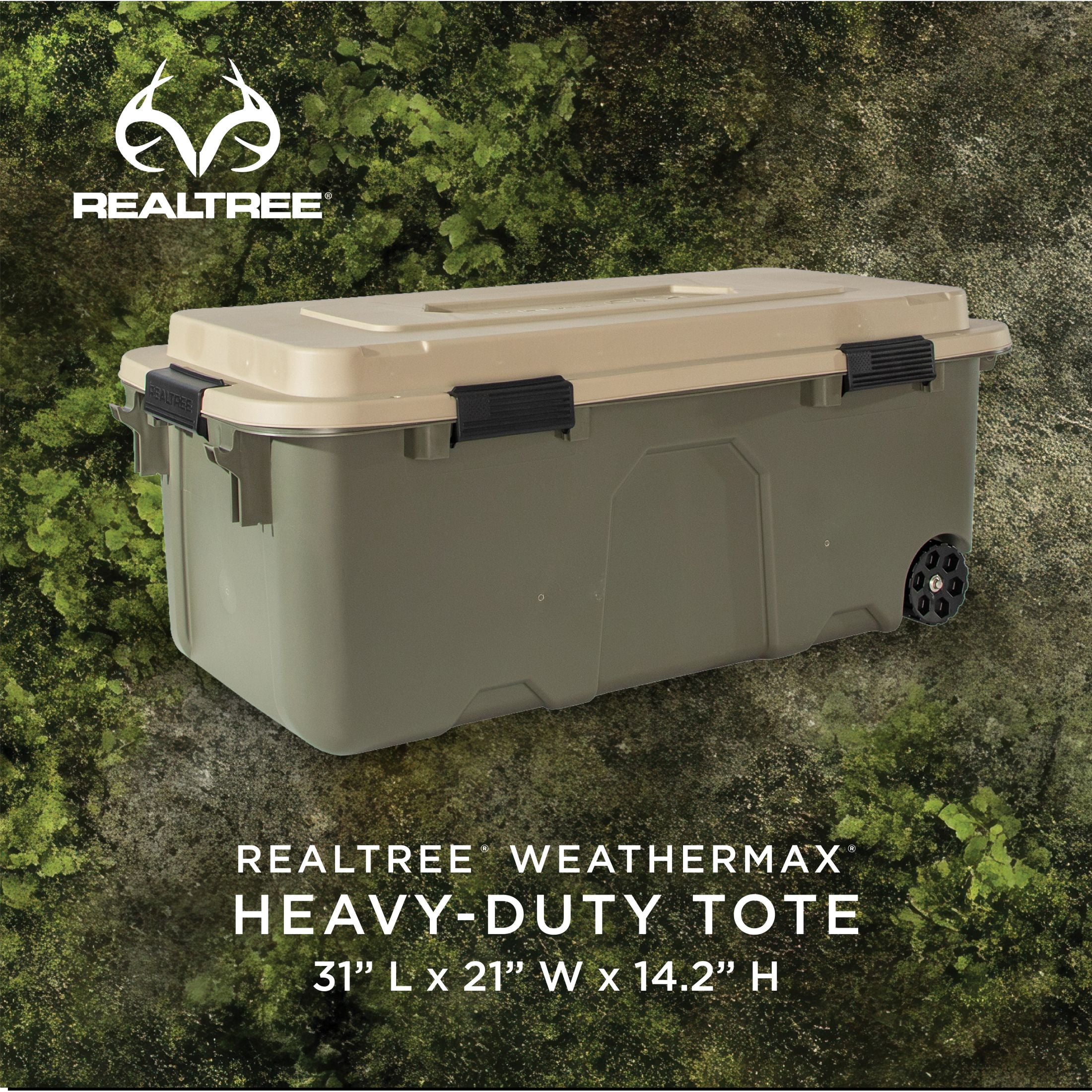 Realtree® WEATHERMAX™ 31 Gallon Green and Tan Wheeled Storage Tote with Latching Lid, Heavy Duty Plastic Storage Bin