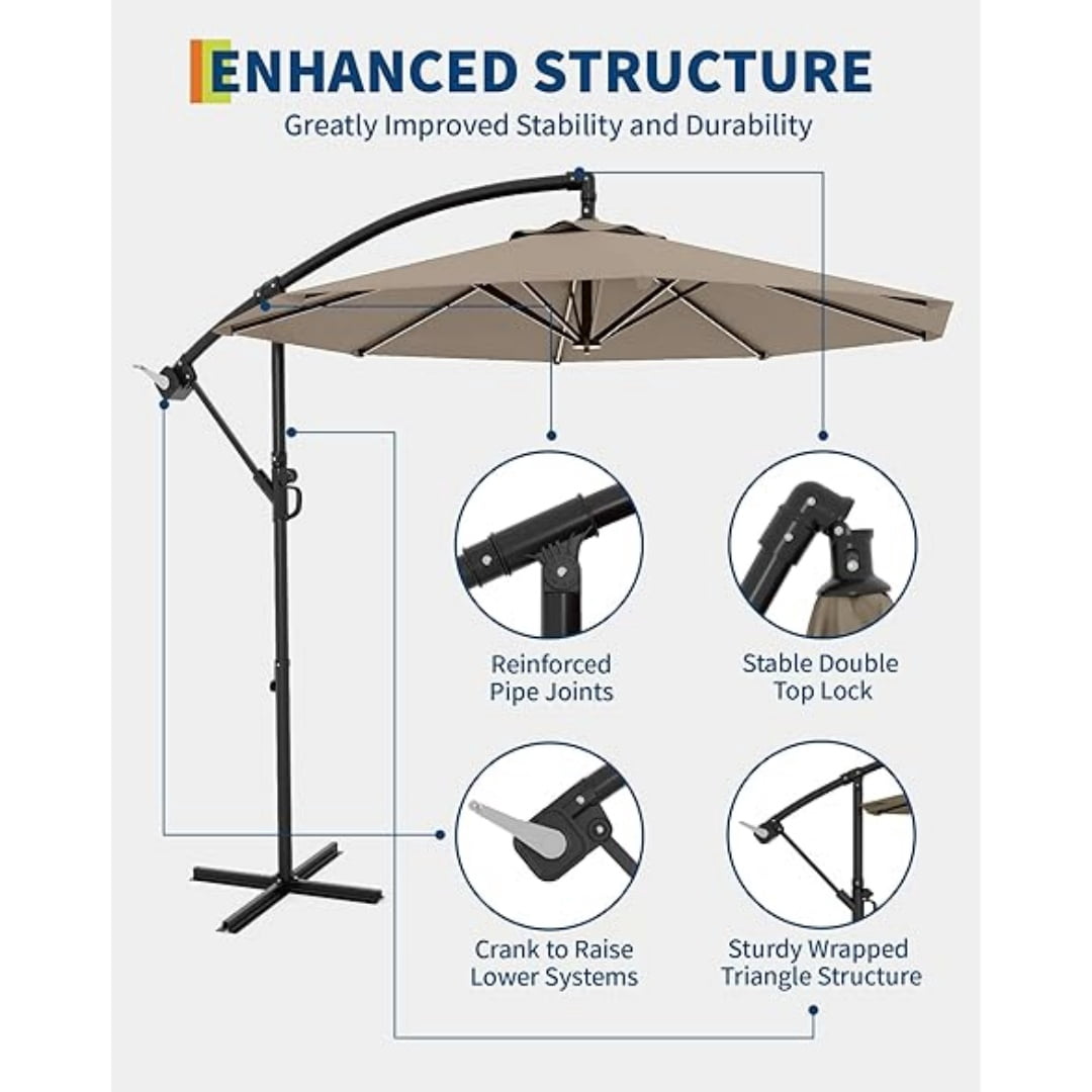 10FT Cantilever Patio Umbrella with Heavy-Duty Cross Base, Outdoor Offset Market Umbrella with Infinite Tilt & Easy Crank Lift – Waterproof, UV-Resistant, Wind-Resistant, Sturdy Aluminum Pole