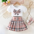 thumbnail image 5 of CPNG Toddler Girl's 2 Piece Outfit Bow Front Short Sleeve Tee and Plaid Pleated Skirt Set Summer Sweet Stylish Set(Red,2-3 Years), 5 of 9