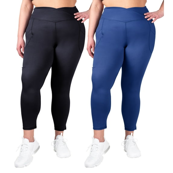 IINERZIA 2 Pack Womens Crossover Plus Size Leggings High Waisted Tummy Control Criss Cross V Waist Plus Size Black and Navy 1X