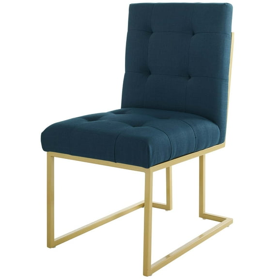Contemporary Modern Urban Designer Dining Kitchen Room Side Chair, Fabric Metal Steel, Gold Navy Blue