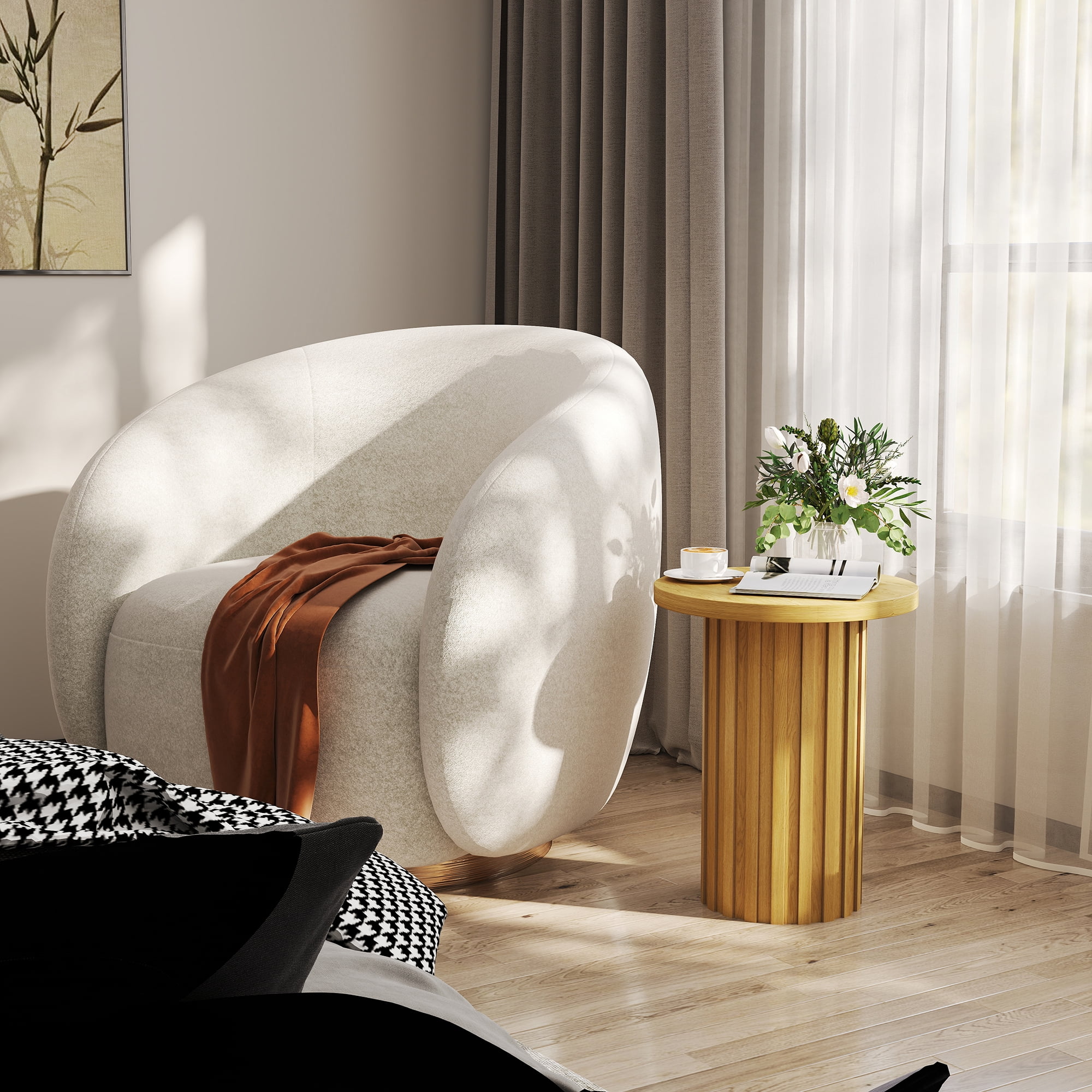 Round Side End Table 22" Tall Fluted Small End Table for Small Spaces, Modern Farmhouse Wooden Accent Table Small Drink Table for Living Room Bedroom(Natural)