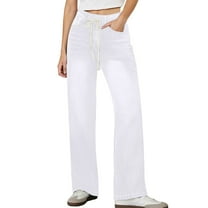 Bmisegm Trendy Women's Casual Wide Leg Pants High Waisted Elastic Drawstring Stylish Denim Trouser Jeans for Comfortable Everyday Wear White S
