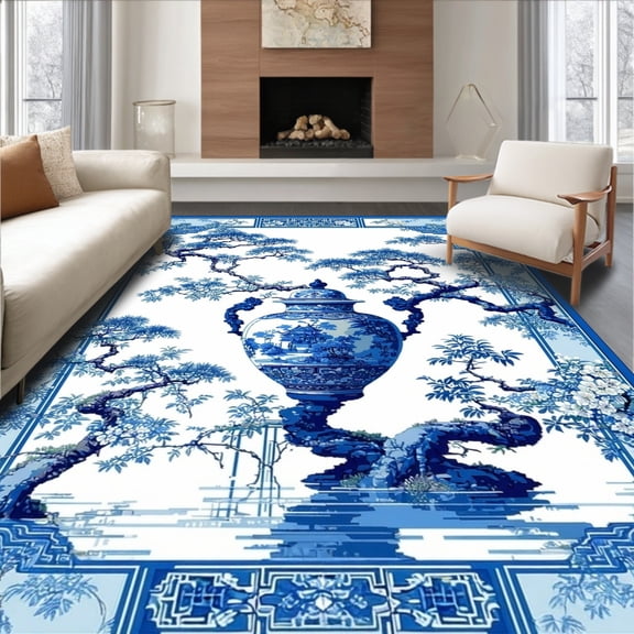 Flatwoven High Traffic Area Rug, Chinoiserie Floral Elegance Motif, Non Slip, Stain Resistant, Washable Area Rugs for Living Room, Bedroom(Blue, 4X6)