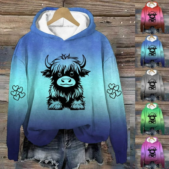 UTSJKR Highland Cow Sweatshirt for Women Cute Cow Graphic Pullover Tops Girls Cowgirl Long Sleee Hooded Sweat Shirt Red XXL