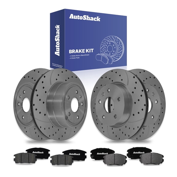 AutoShack Front & Rear Brake Rotors & Ceramic Pads for Chevrolet & GMC, Equinox 2010-2017 Terrain 2010-2017, AWD FWD L4 2.4L V6 3.0L 3.6L - Coated Drilled & Slotted - Black Matte Finish - BlackShield