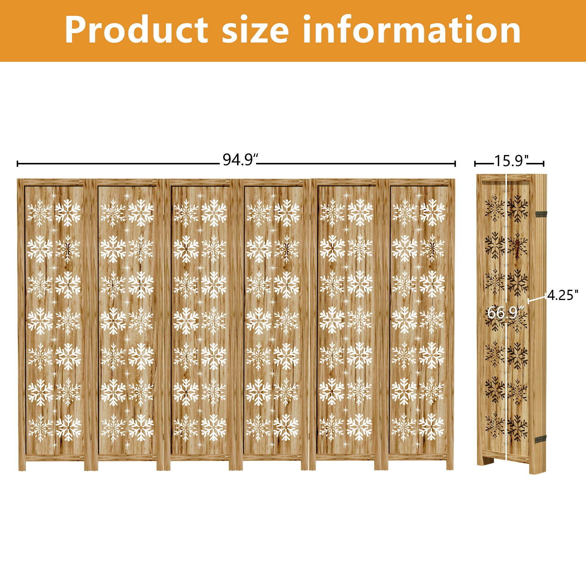 MAYEERTY 6-Piece 67×16" Natural Wood Privacy Panel Screen for Living Room, Snowflake Pattern