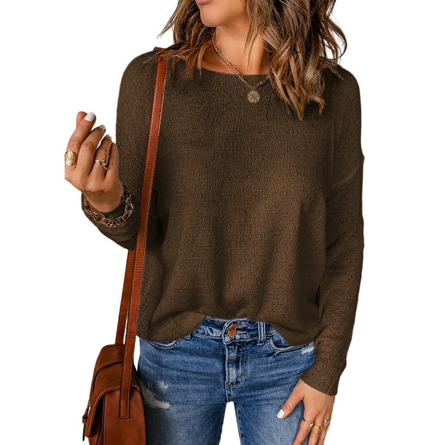 Innerwin Sweater Solid Color Ladies Jumper Tops Chic Long Sleeve Casual Knitted Sweaters Dark Brown M