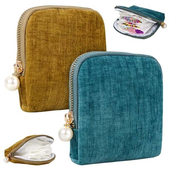 Zippered Jewelry Organizer Bag with Slots, Travel Jewelry Case for Women 5 Compartment Foldable Pouch for Rings Earrings Necklaces Bracelets, Small Velvet Style Storage for Journey