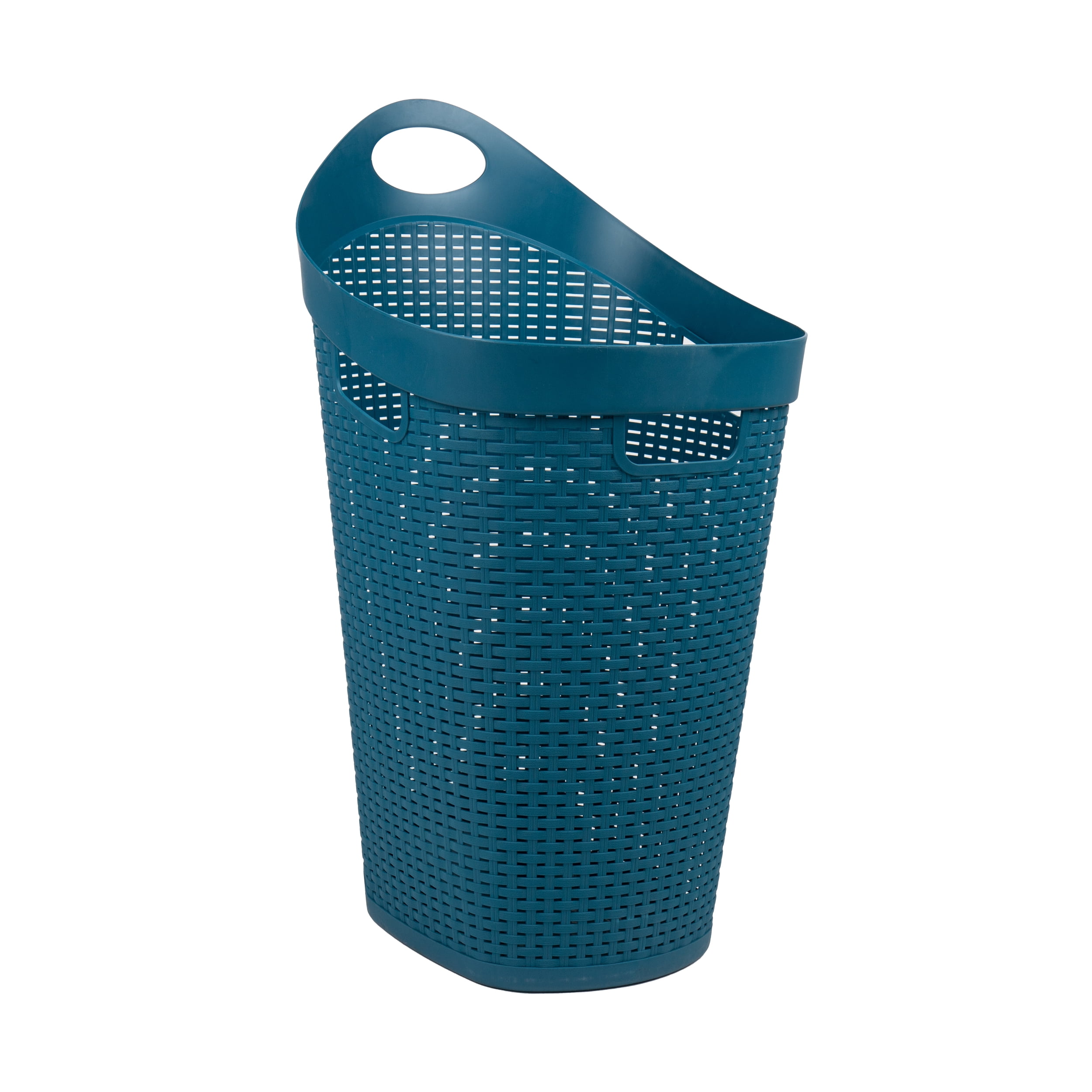 Mind Reader 60L Rolling Laundry Hamper, Clothes Basket, Lid, Wheels, Wicker Style, Plastic, 19.5"L x 14.75"W x 29.25"H, Blue