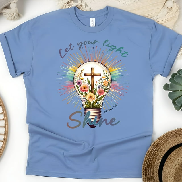 Christian Light Bulb Graphic T-Shirt Let Your Light Shine, CarolinaBlue, Size XL