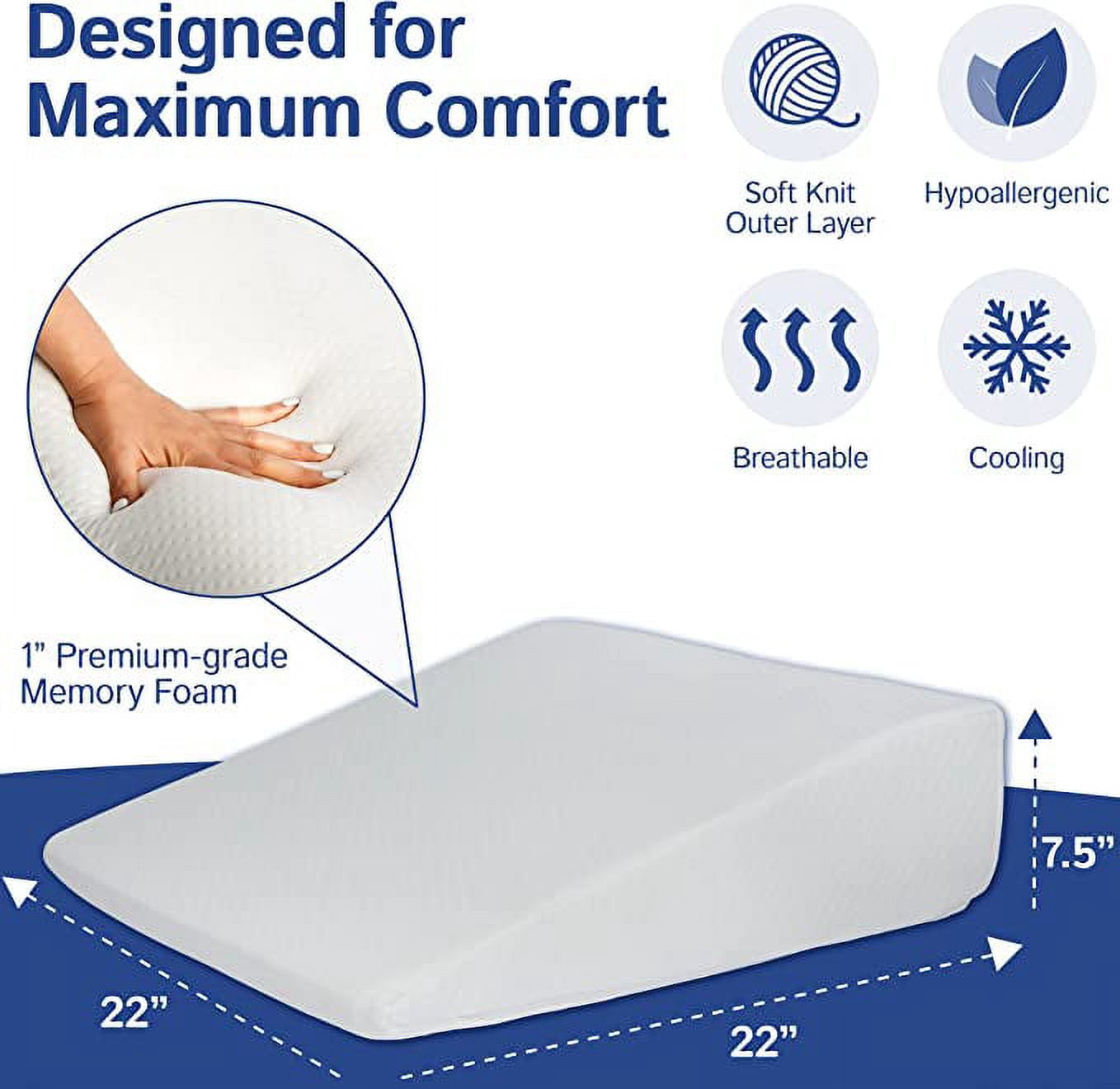Ebung 7" Bed Wedge Memory Foam Pillow with Washable Cover - Comfortable Sleeping - Neck and Back Pain Relief, Snoring, Acid Reflux, Heartburn, Allergies