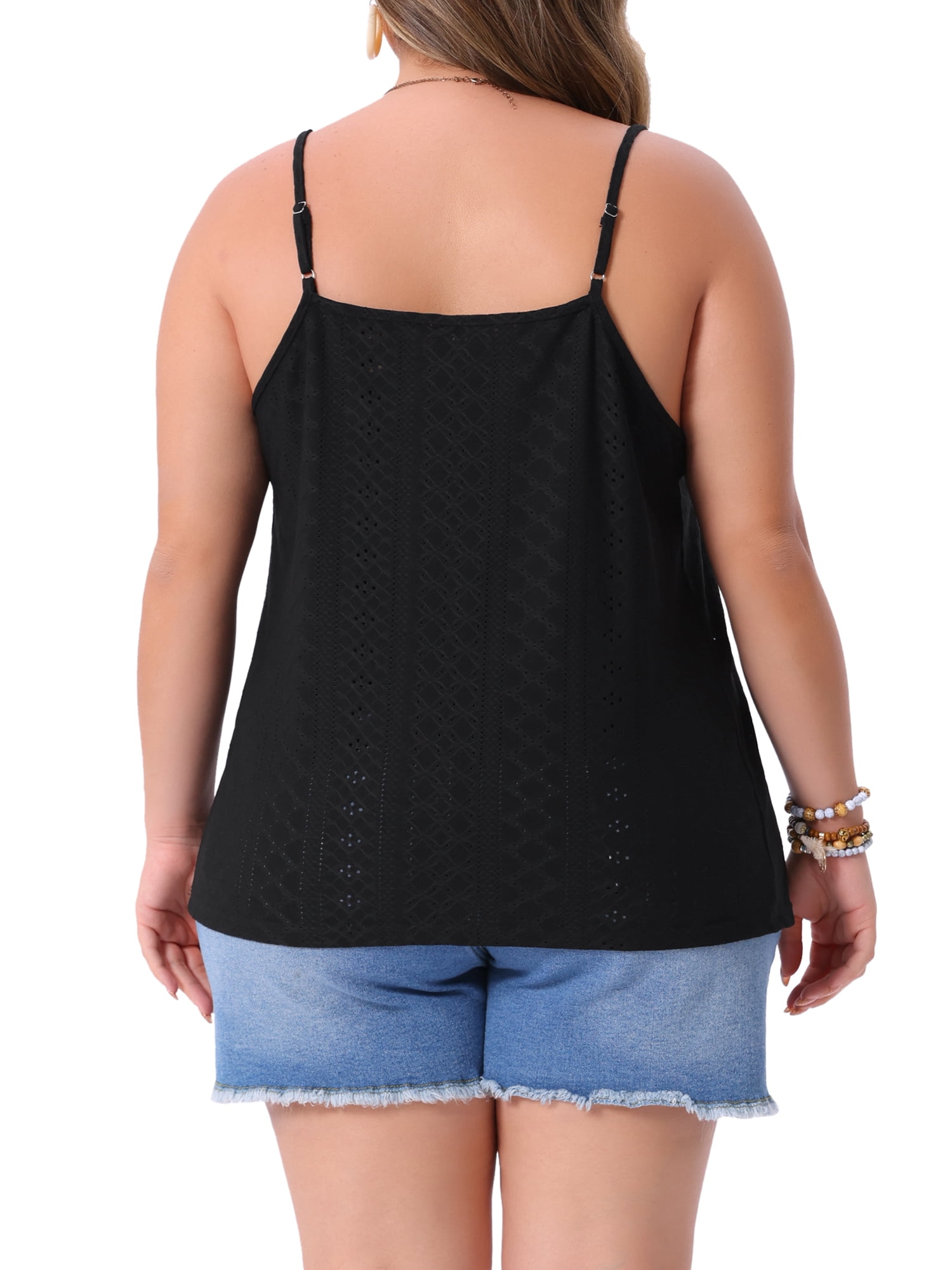 DARING DIVA Women's Plus Summer Eyelet Cami V Neck Casual Sleeveless Top 3X Black