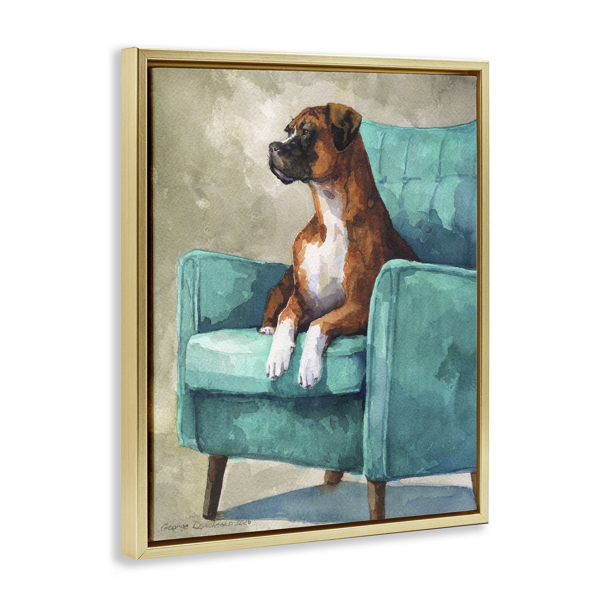 Stupell Industries Majesty Boxer on Armchair Gold Framed Floater Canvas Wall Art, design by George Dyachenko