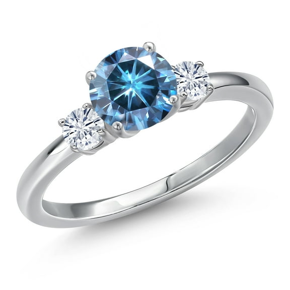 Gem Stone King 14K White Gold Persian Blue Moissanite and White Moissanite Engagement Ring for Women | 1.20 Cttw | Round 6.5MM | Gemstone Birthstone | Size 9