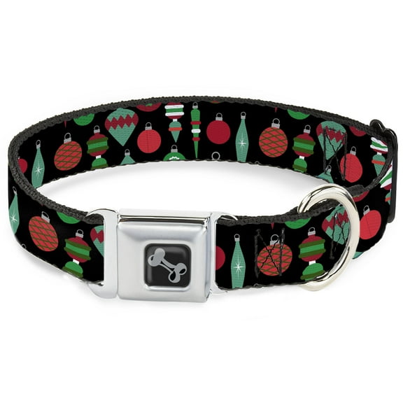 Buckle-Down Pet Collar, Dog Collar Metal Seatbelt Buckle, Christmas Holiday Finial Bauble Ornaments Black Reds Greens, 9.5 to 13 Inches 1.0 Inch Wide