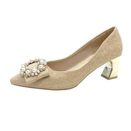 

Women‘s Pointed Toe Faux Pearls Decor High Heels Chunky Heel Wedding Bridesmaid Shoes Dress & Going Out Heels