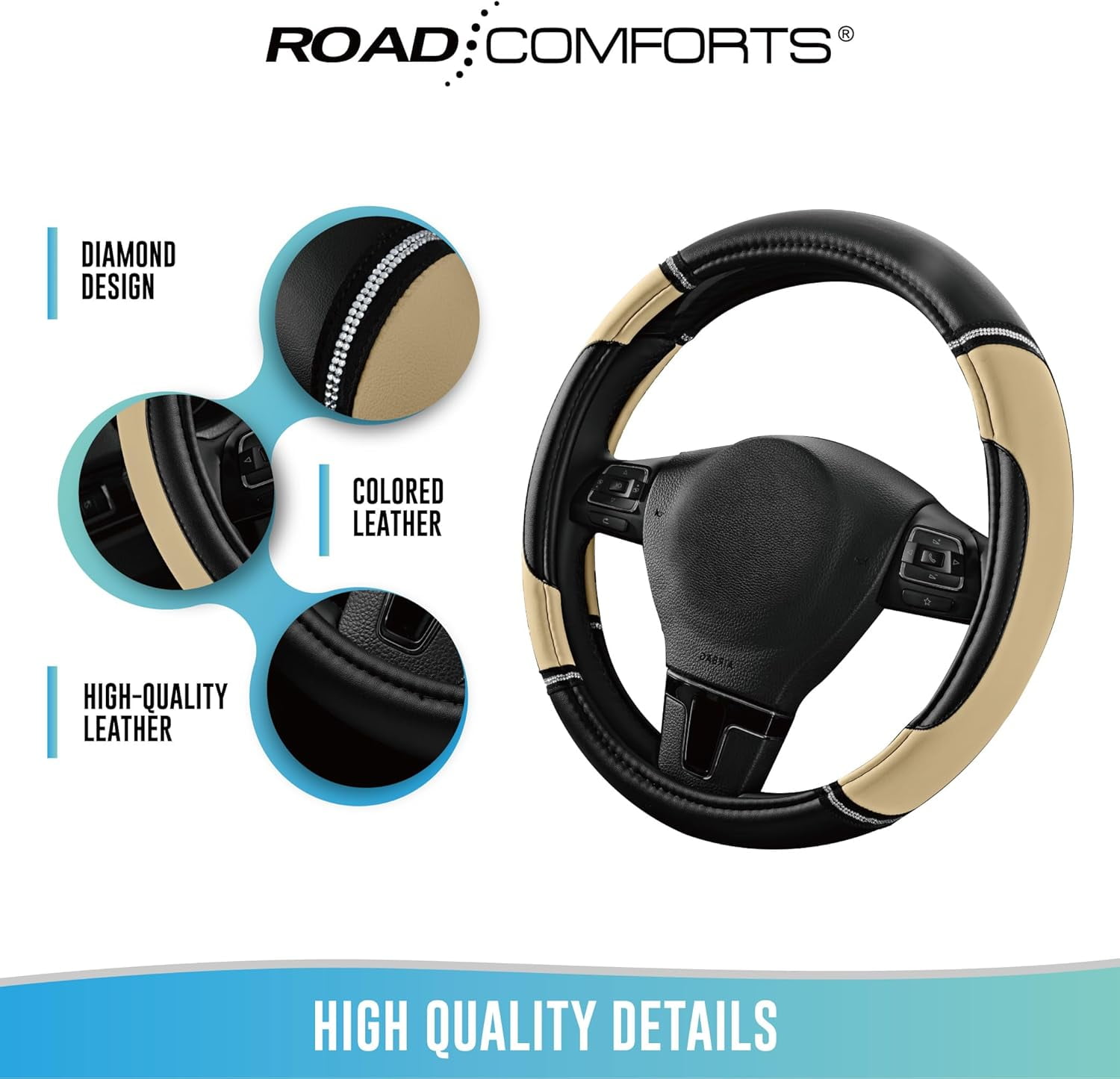Leather Steering Wheel Cover - Made with PVC Leather - Anti-Slip, Universal Fit 14 1/2 inches to 15 inches - Beige