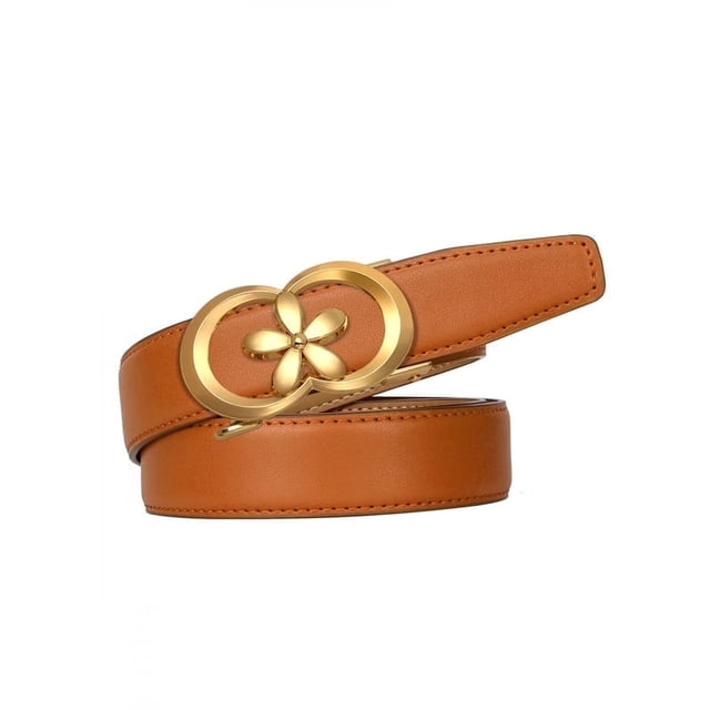 Catelles Camel Cowhide Leather Belt, Gold-plated Flower Alloy Automatic Buckle, Elegant And Durable, Suitable for Women's Casual and Business Wear, 2.8CM Width,Gift Box &Length 105cm
