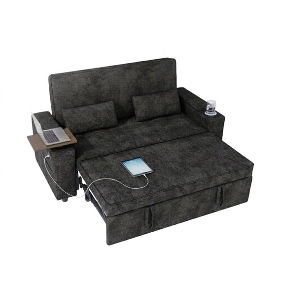 Howcool 65" Sleeper Sofa Bed, 3-in-1 Convertible Pull Out Couch Bed with Tray Table & Cup Holders, Chenille Loveseat Sofa with Adjustable Backrest for Living Room, Apartment(Black)