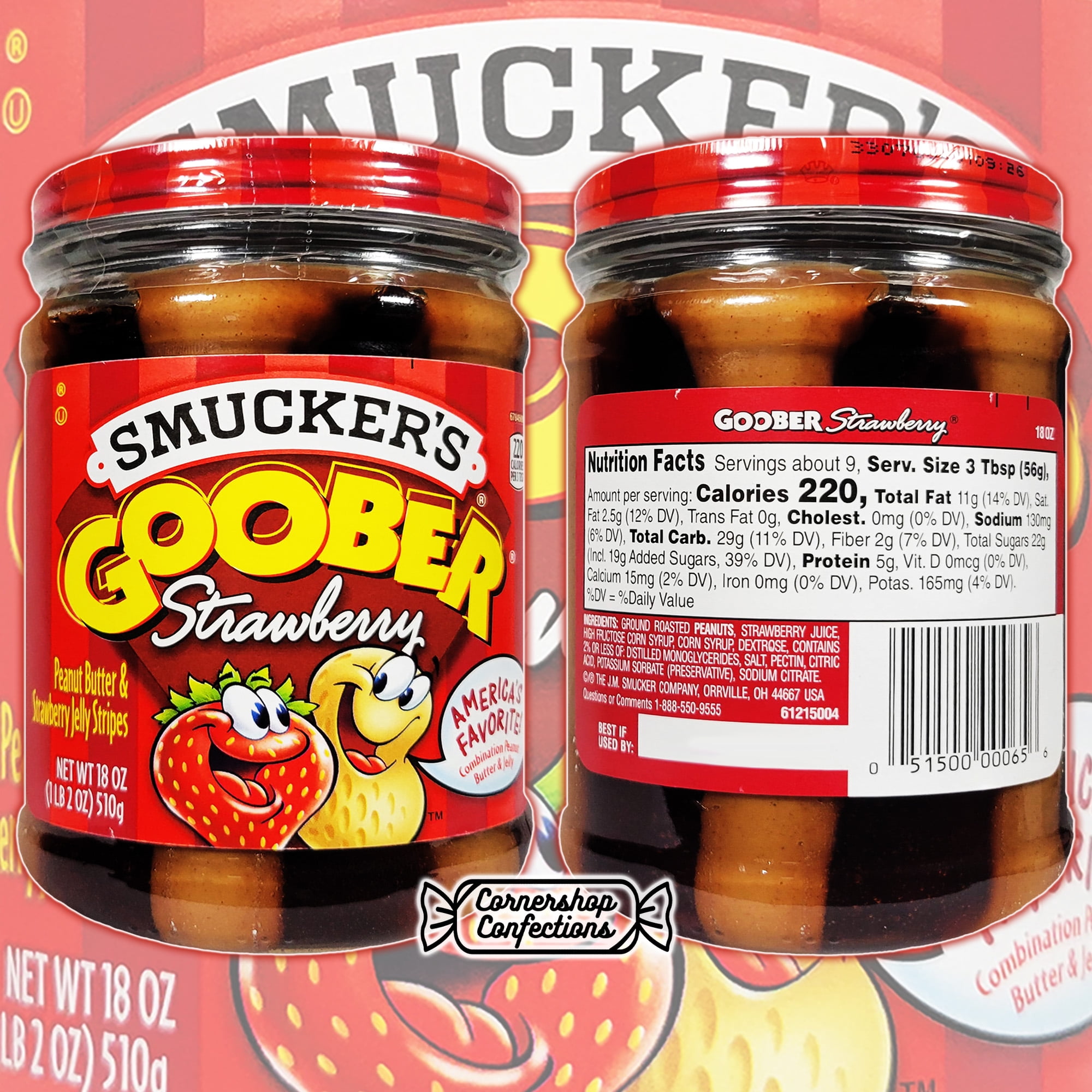 Goober Peanut Butter and Strawberry Jelly 2 Jar Bundle - 36 ounces Total - Peanut Butter and Strawberry Jelly Stripes - For PB&J Sandwiches, Waffles, Pancakes in Cornershop Confections Pack