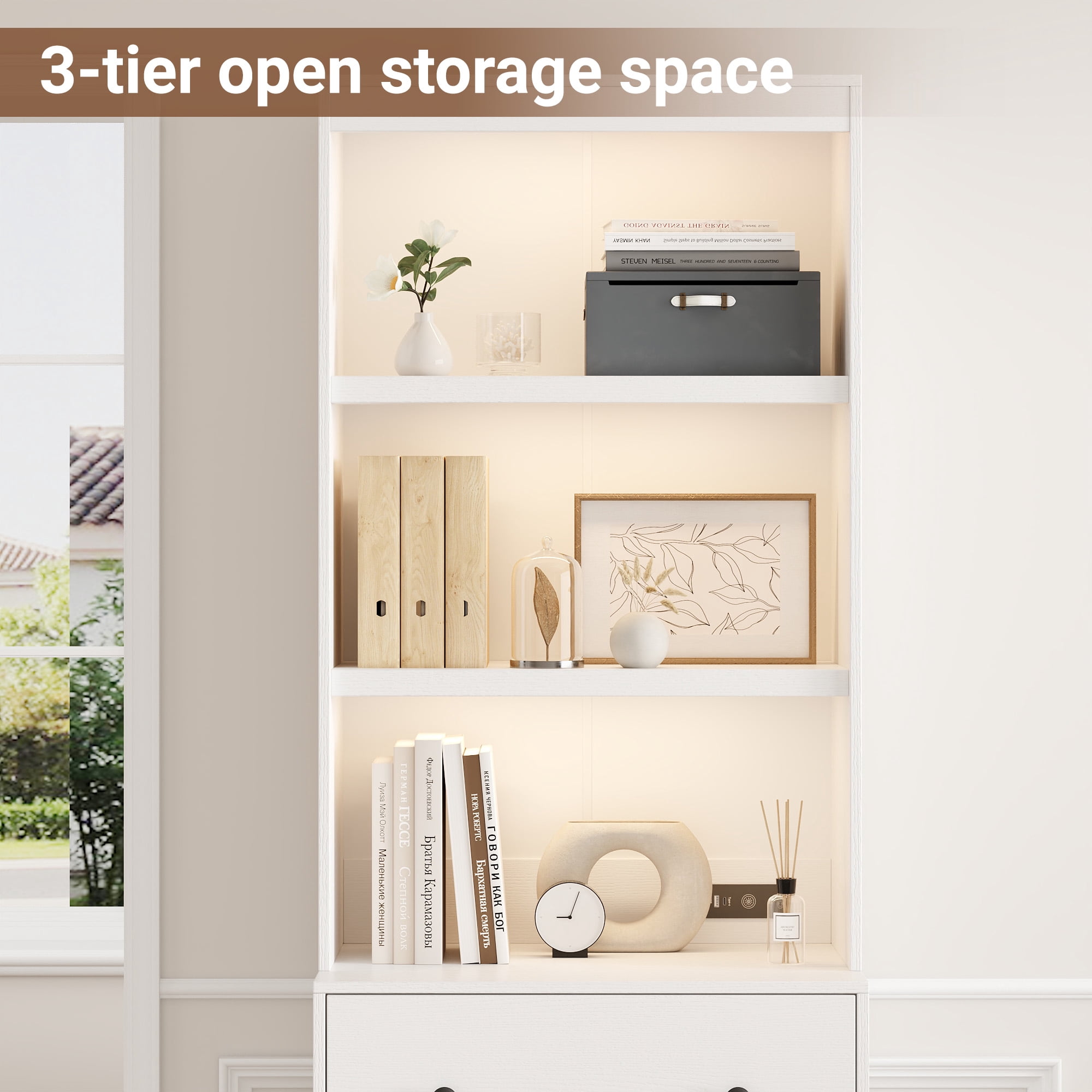 NEGYLIM 71" Bookcase with Drawers & Shelves, Wooden Bookshelf with Charging Station & Adjustable LED Lights, Anti-tipping Design for Living Room Home Office, White