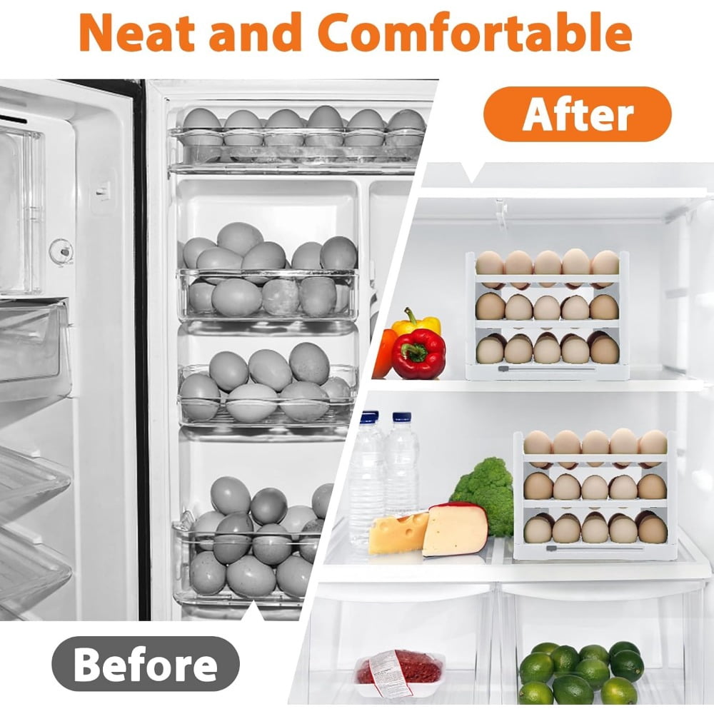 Egg Holder for Refrigerator, 30 Grid Egg Tray for Refrigerator 3 Layer Organizer Bins Reusable Egg Container for Refrigerator Side Door Plastic Egg Carton