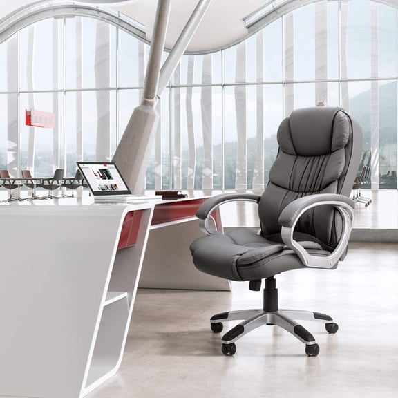 Office Chair PU Leather High Back Executive Chair Ergonomic Computer Chair, Modern Adjustable Home Desk Chair Swivel Managerial Chair with Padded Armrests and Lumbar Support (Gray)