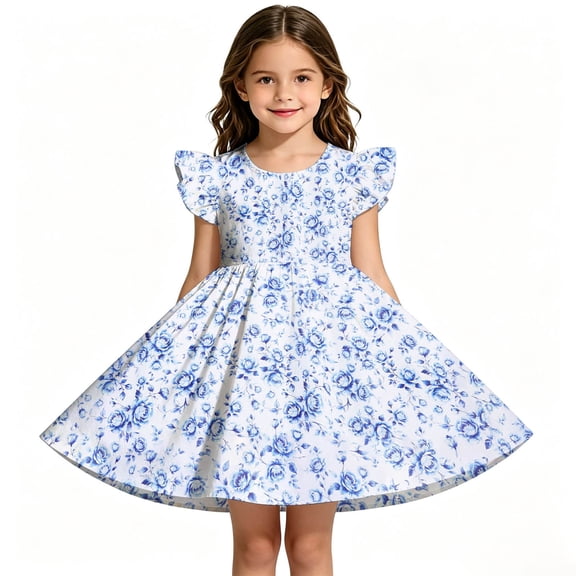 Girls Back to School Dress Flutter Sleeve Printed Casual Daily Dress for Kids 3 10Y
