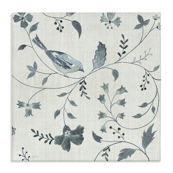 Stupell Industries Flower Pattern with Bird Perched Floral Painting Wrapped Canvas Canvas Art Print Wall Art, 17 x 17