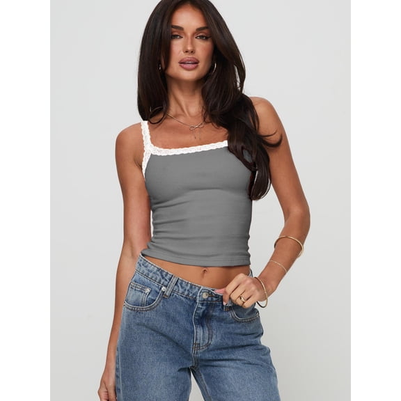 Vmvidoty Women Sleeveless Lace Trim Crop Tank Tops Scoop Neck Strappy Slim Fit Backless Cami Shirt Summer Gray XL