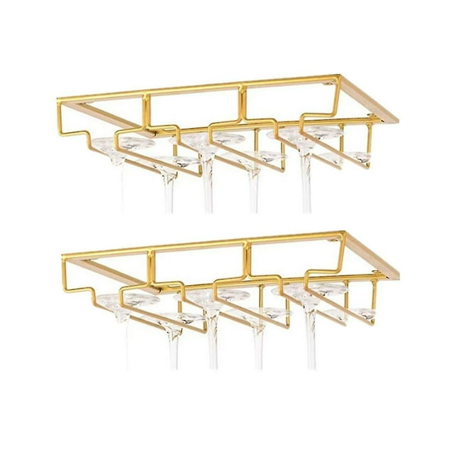 2 estantes para copas de vino, colgador para copas de vino debajo del gabinete, soporte para copas de vino, colgador de almacenamiento, dorado