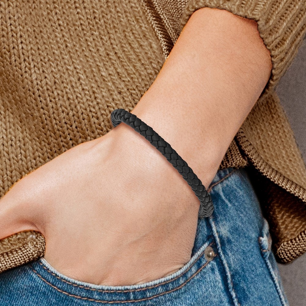 Diamond2Deal Stainless Steel Polished Black Braided Leather Bracelet for Men 8.5"