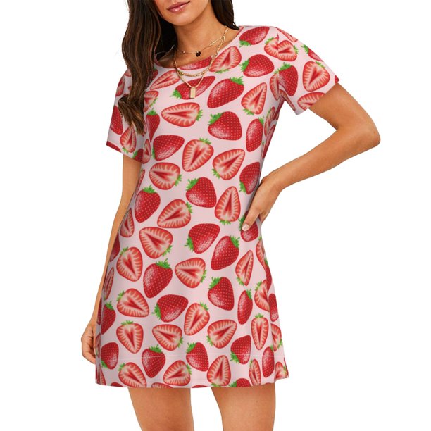 Fotbe Cute Strawberry Bata de Dormir para Mujer con Estampado, Camisón de Algodón de Manga Corta, Ropa de Dormir Casual