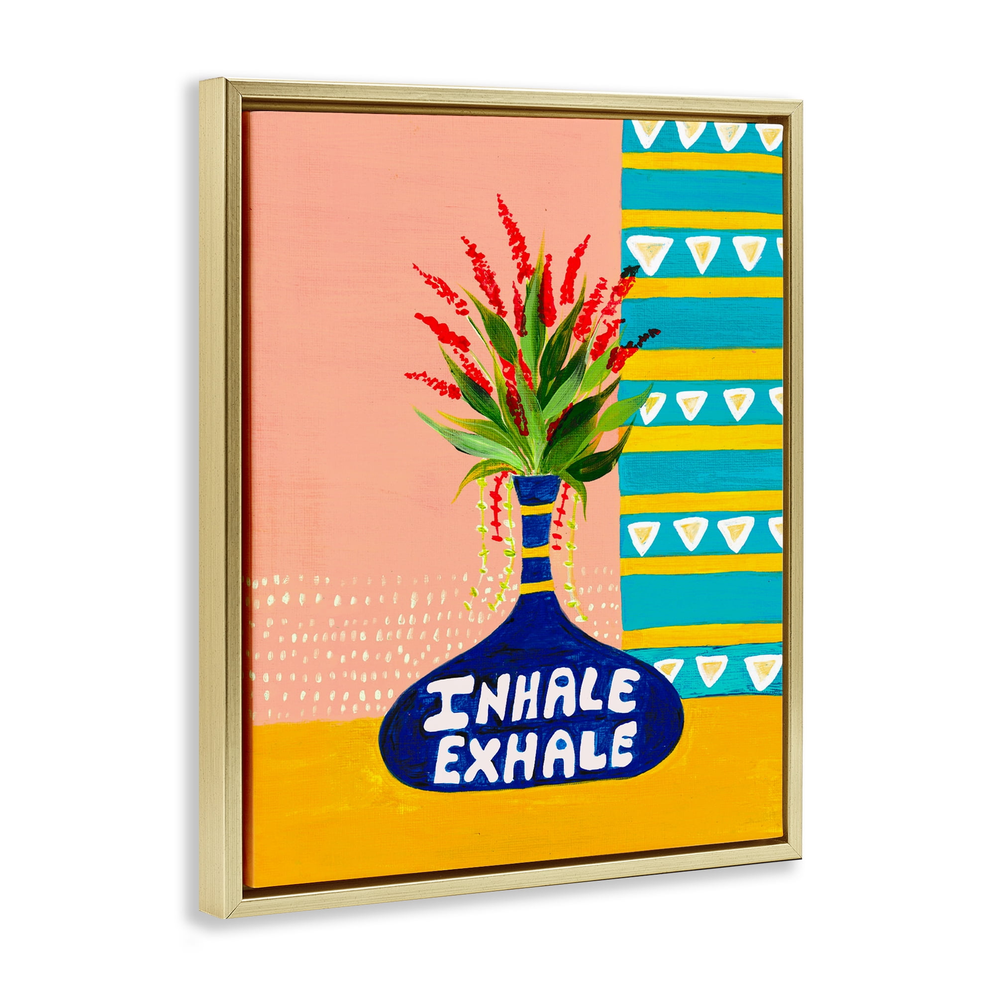 Inhale Exhale Flower Vase Gold Framed Floater Canvas Wall Art, design by Nabeela Rumi