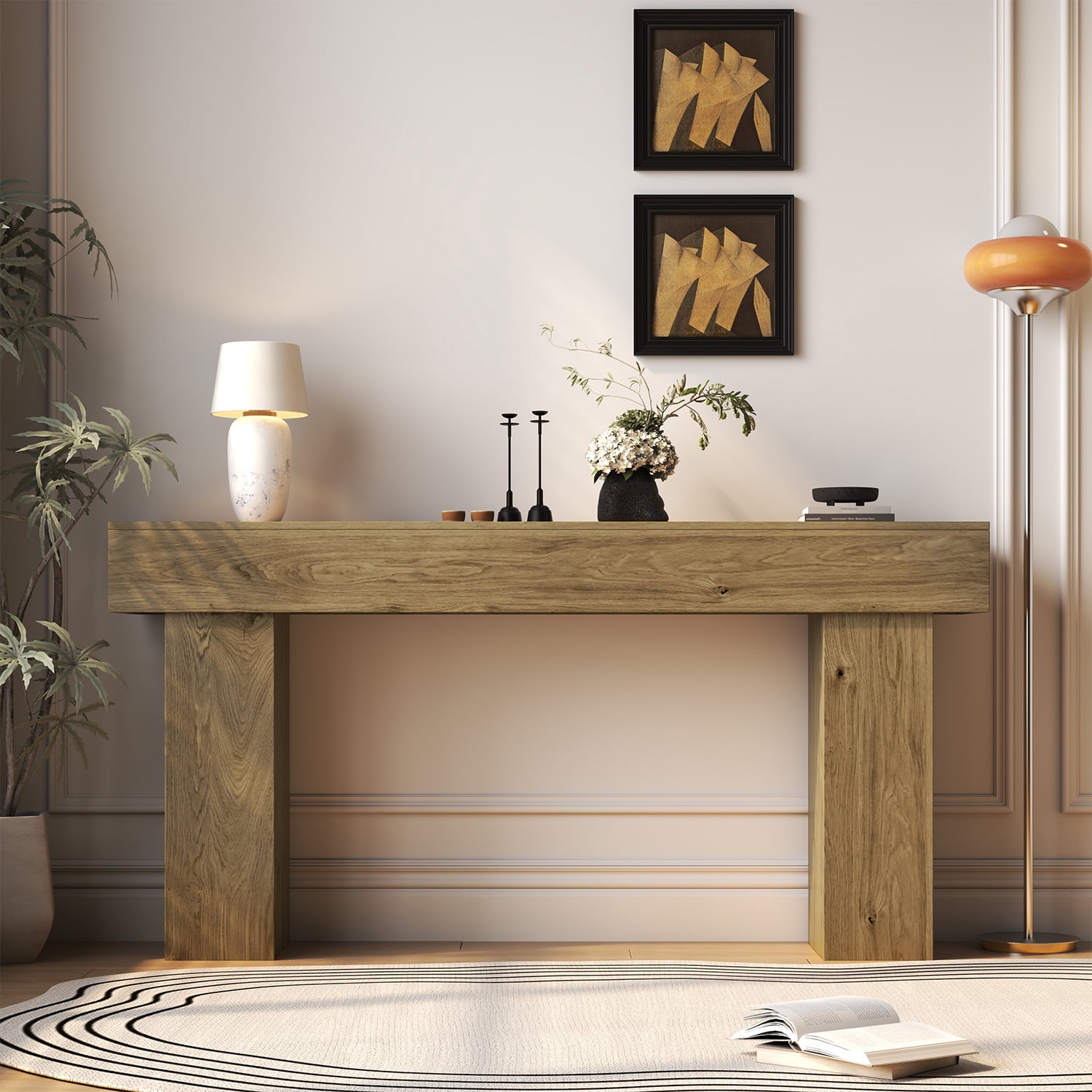 Doubleslee 63 Inch Long Console Table, Farmhouse Wood Entryway Table Behind Couch, Industrial Hallway Accent Table for Living Room（Natural)