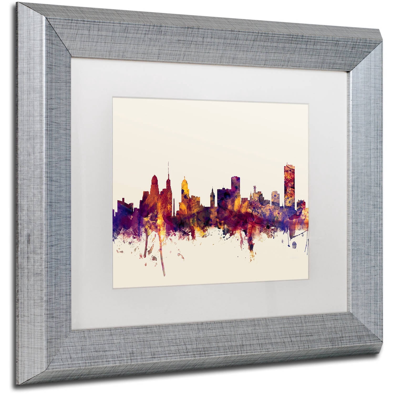 Trademark Fine Art "Buffalo New York Skyline" Canvas Art by Michael Tompsett, White Matte, Silver Frame
