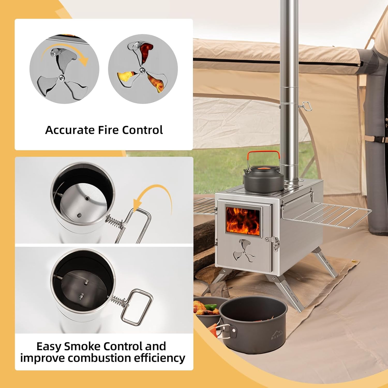 ABORON Portable Camp Wood Stove Stainless Steel Camping Cooking Stove Outdoor Wood Burning Stove with Chimney, Firebox Hot Camping Tent Stove for BBQ, Hiking, Fishing, Hunting
