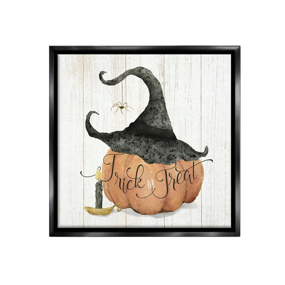 Stupell Industries Pumpkin & Witch Hat Holiday Painting Black Floater Framed Canvas Art Print Wall Art, 18 x 18