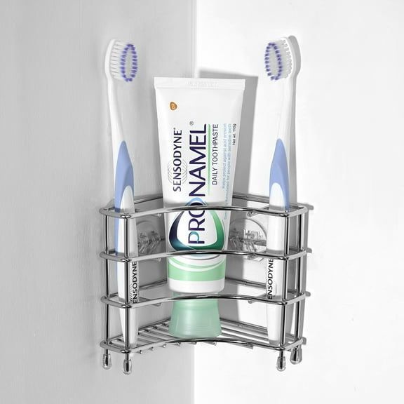 Linkidea Corner Wall Mount Toothbrush Holders for Bathroom, Self Adhesive Triangle Corner Shower Shelf for Tile Walls, Stainless Steel Electric Toothbrush Toothpaste Organizer (Silver)