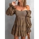 thumbnail image 2 of Vestido de una línea con hombros descubiertos, cuello en V, manga larga, cintura, vestido estampado plisado adelgazante para mujer, color caqui L, 2 of 6