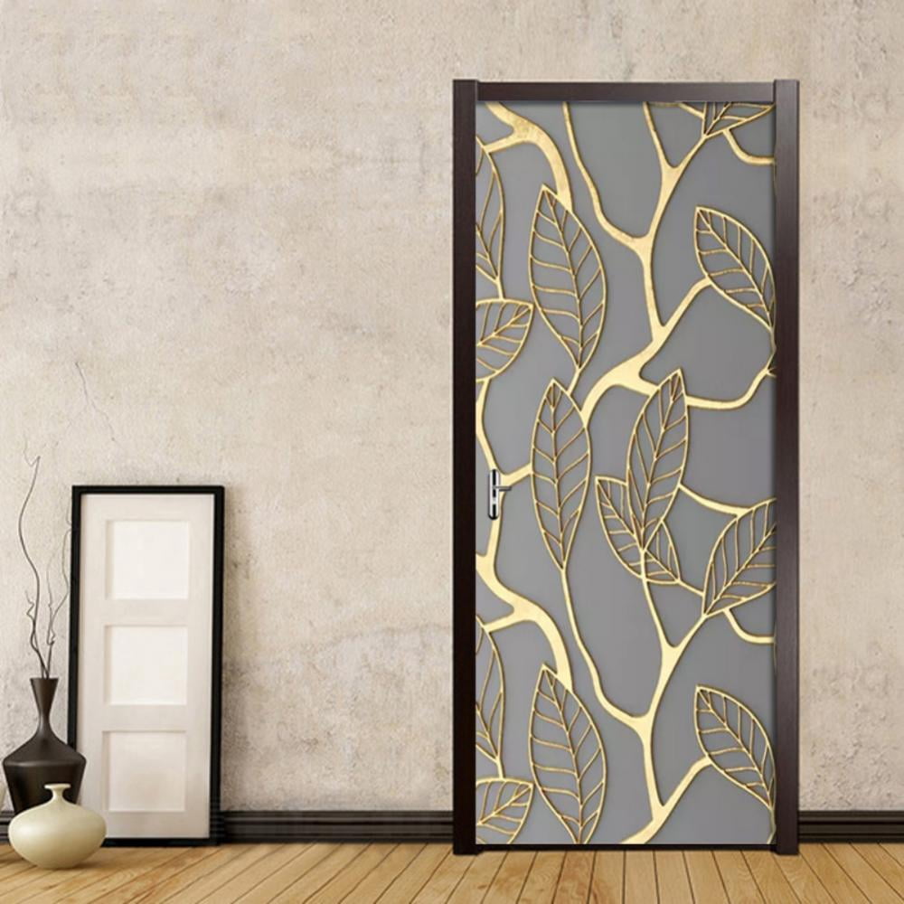 3D Golden Leaf Landscape Door Murals Self Adhesive Door Sticker Wall Mural Art Wallpaper Poster Door Decals for Living Room Bedroom Decor 30.3"x78.7"