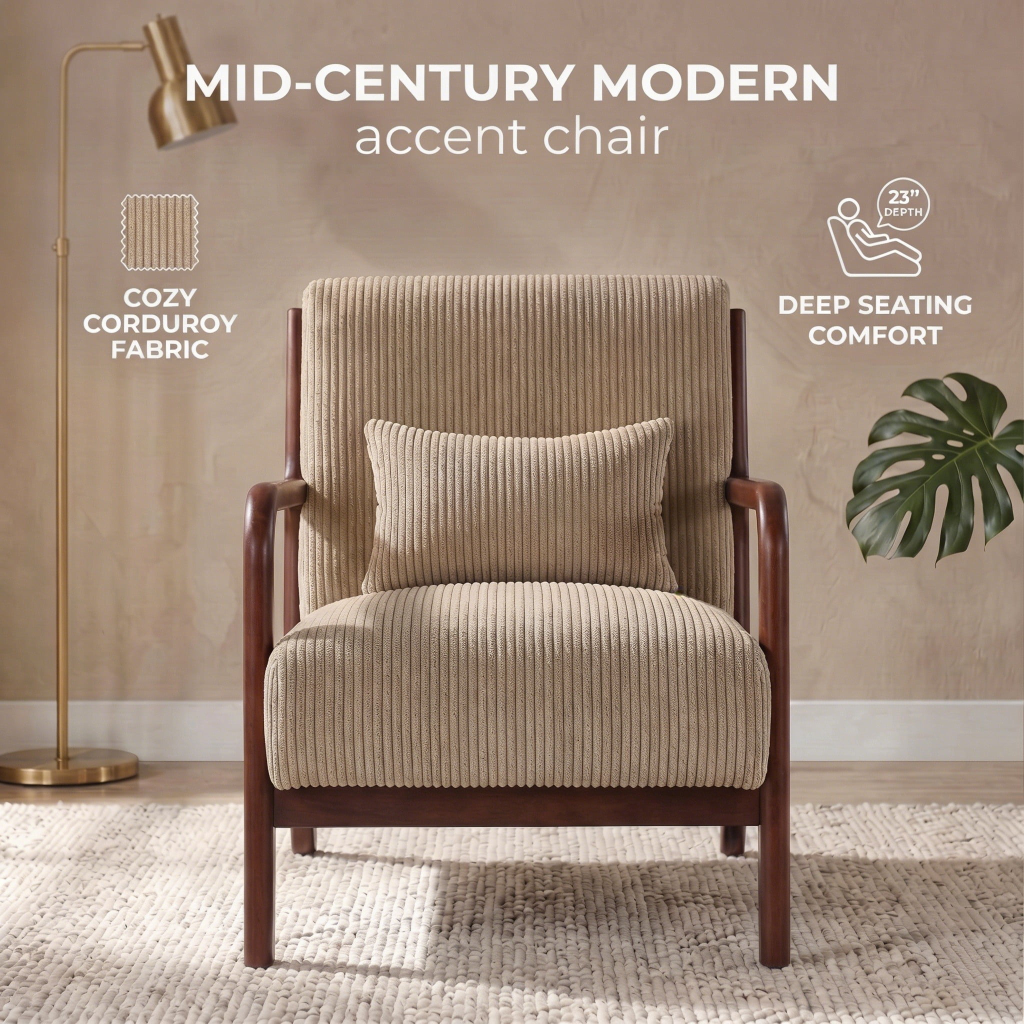 Mid-Century Modern Corduroy Accent Chair with Solid Wood Frame & Lumbar Pillow, Camel
