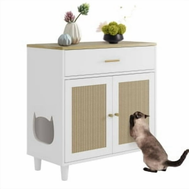 Armoire d'Angle pour Litière de Chat, Enclos Caché pour Litière avec Portes à Planche à Gratter et Tiroir de Rangement, Convient à la Plupart des Chats,