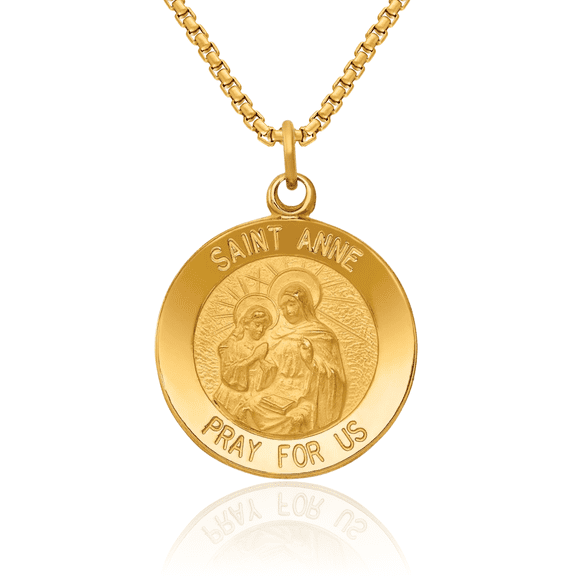 14K Solid Yellow Gold Saint Anne Medal Necklace Chain Pendant Charm