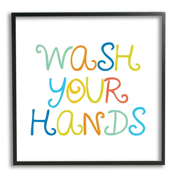 Stupell Industries Whimsical Kids Bathroom Phrase Wash Your Hands Rules Typography Painting Black Framed Art Print Wall Art, 12 x 12