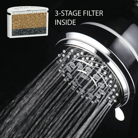 AquaCare By HotelSpa® Filtered Shower Head 4-Inch Chrome Face 6-Setting Showerhead with 3-Stage Water Filter Cartridge