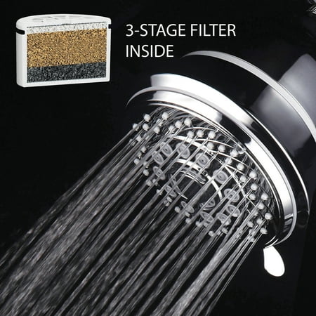 AquaCare By HotelSpa® Filtered Shower Head 4-Inch Chrome Face 6-Setting Showerhead with 3-Stage Water Filter Cartridge (Best Shower Head For Hard Water Areas)