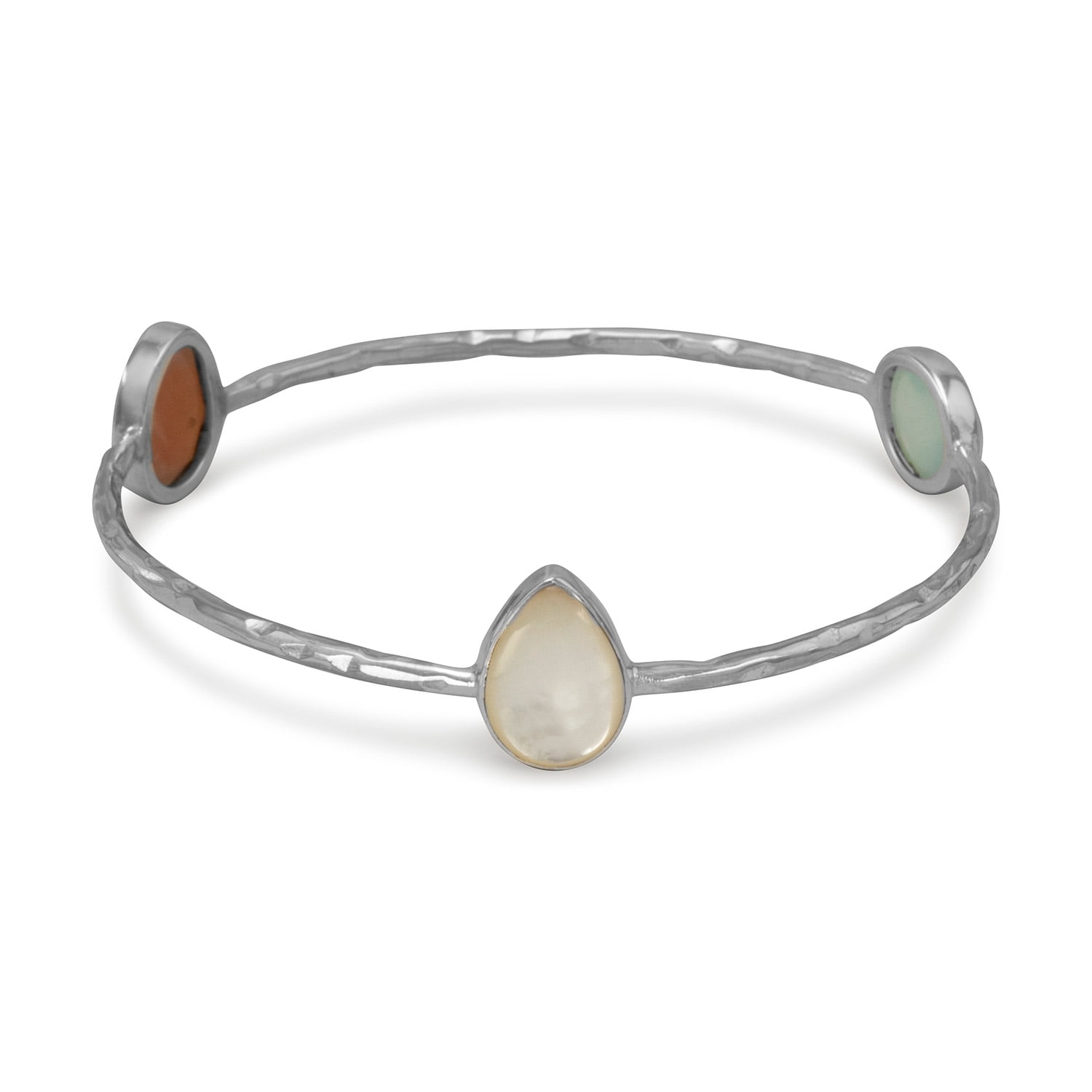 Sterling Silver Hammered 2mm Stackable Bangle Bracelet Mother Of Pearl Moonstone Green Chalcedony by