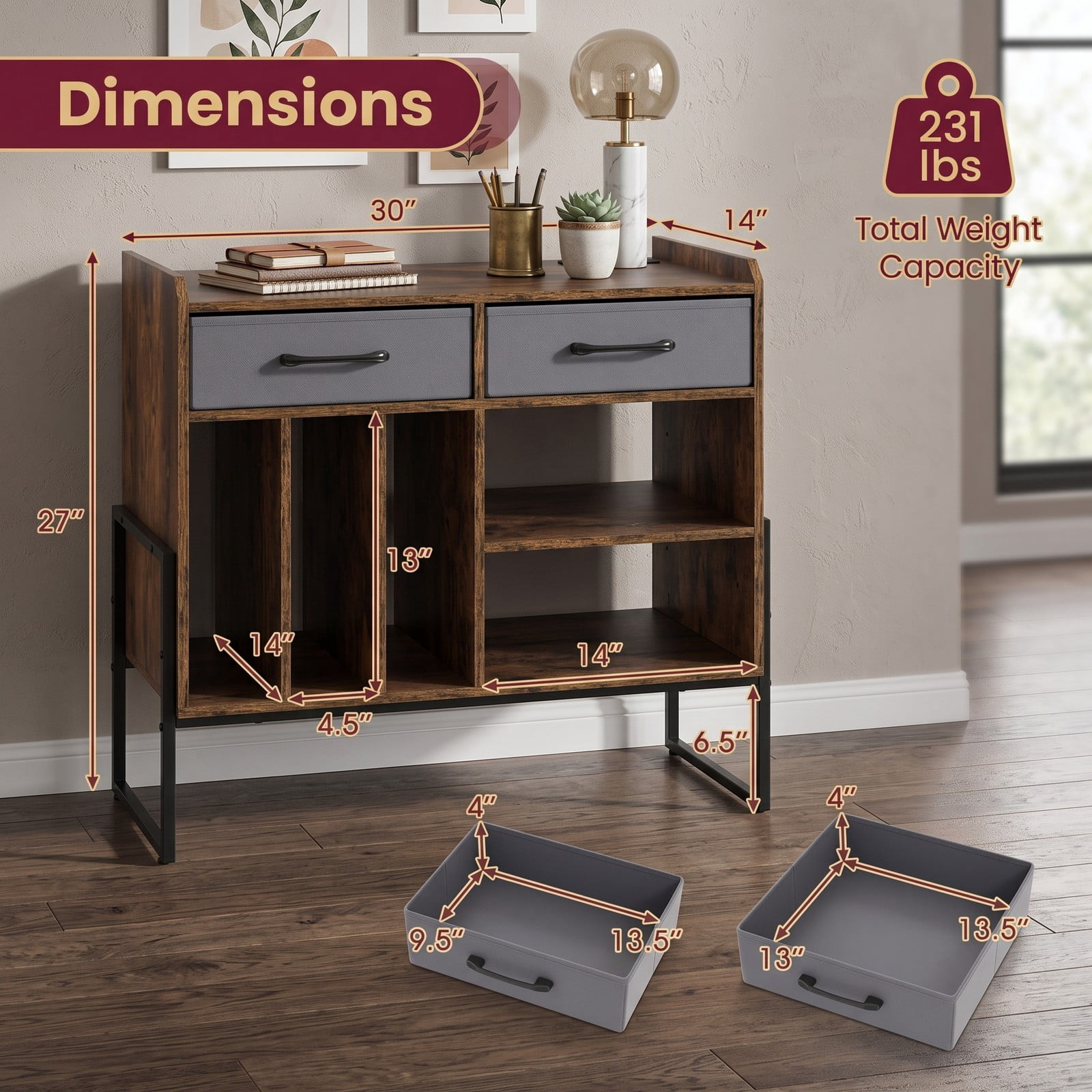 Furnibear Record Player Stand with Charging Station, Mid Century Modern Vinyl Storage Cabinet with USB and Type-C Ports, 2 Fabric Drawers and Adjustable, Rustic Brown
